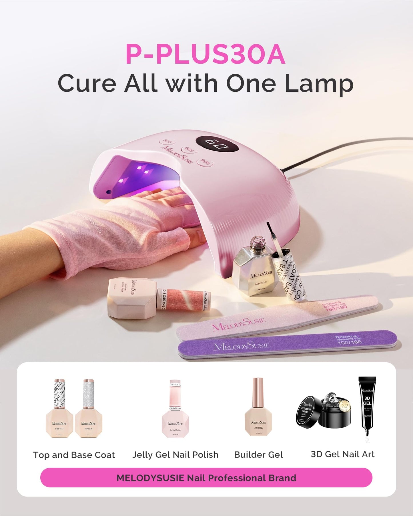 MelodySusie Compact LED UV Nail Lamp with UV Gloves, P-PLUS30A Nail Dryer with Smart Sensor Cures All Gels, Especially Rhinestone Glue, Liner & Cat Eye Gel Polishes for Advanced DIY at Home, Pink