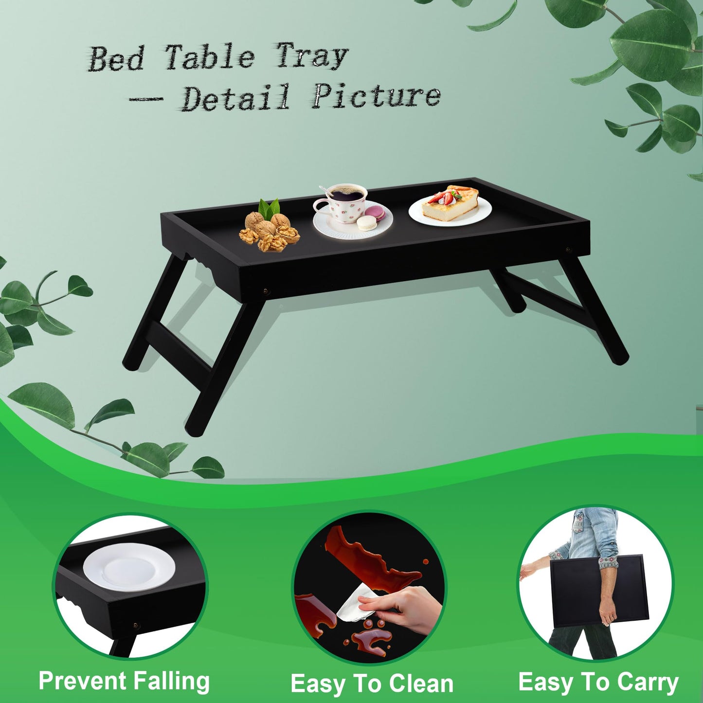 Asuthzon Bamboo Bed Tray Table with Foldable Legs, Breakfast in Bed Tray for Kitchen Serving Tray, Eating, Working, Drawing Tray (2 Pack, Black)