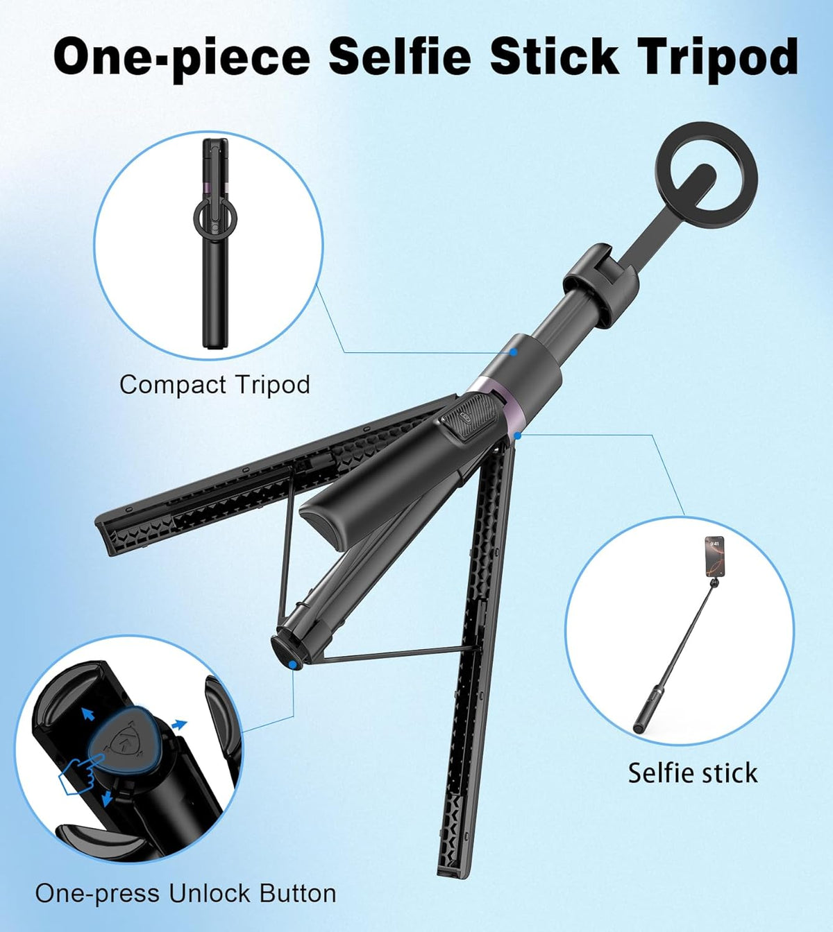 68" Magnetic Selfie Stick Tripod with Rechargeable Detachable Remote for Magsafe, Portable Small Extendable Phone Stand Tripods with Metal Ring, 360° Rotation for Vlog/Live Stream/Travel/Black