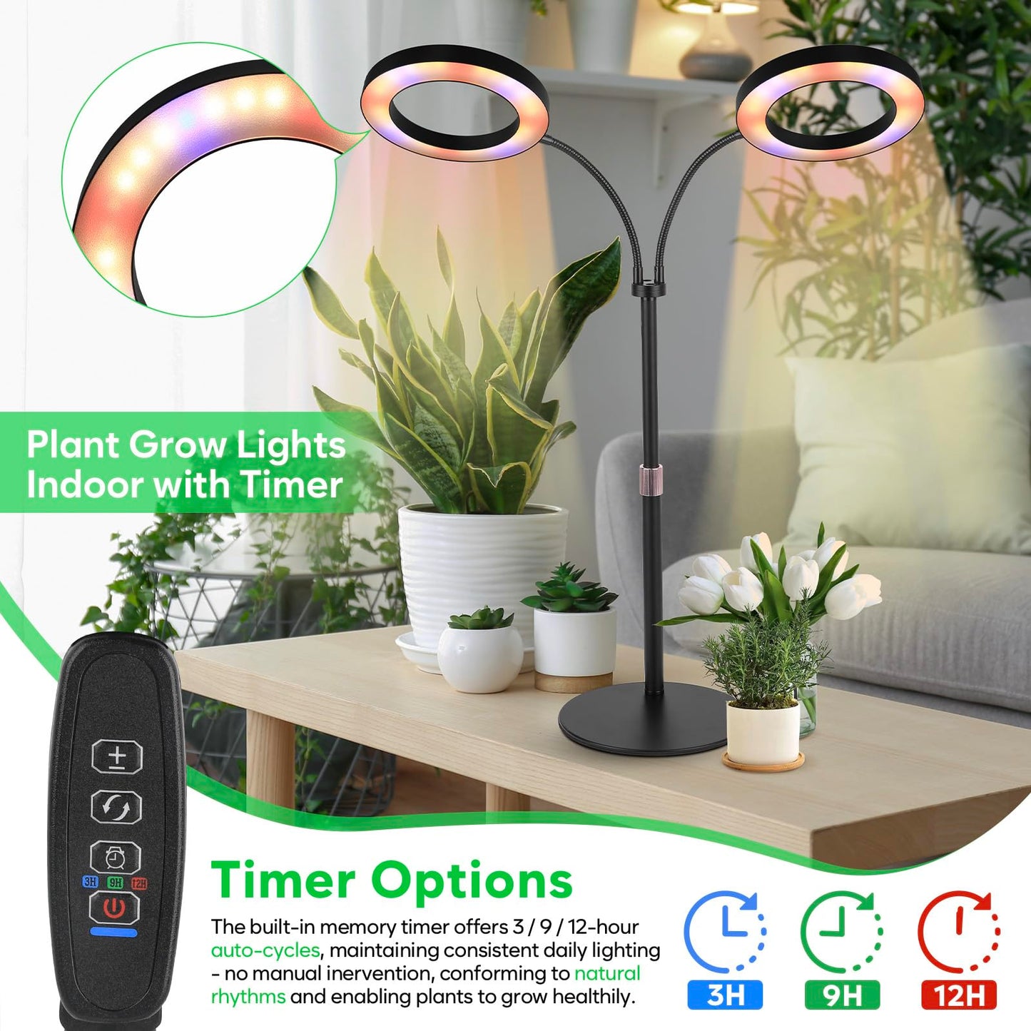 canvage Dual-Head Grow Lights for Indoor Plants, LED Full Spectrum Plant Lamp with Timer 3/9/12H, 10 Dimmable Levels, Flexible Gooseneck, Height Adjustable 14"-23" for House Plants & Seedlings