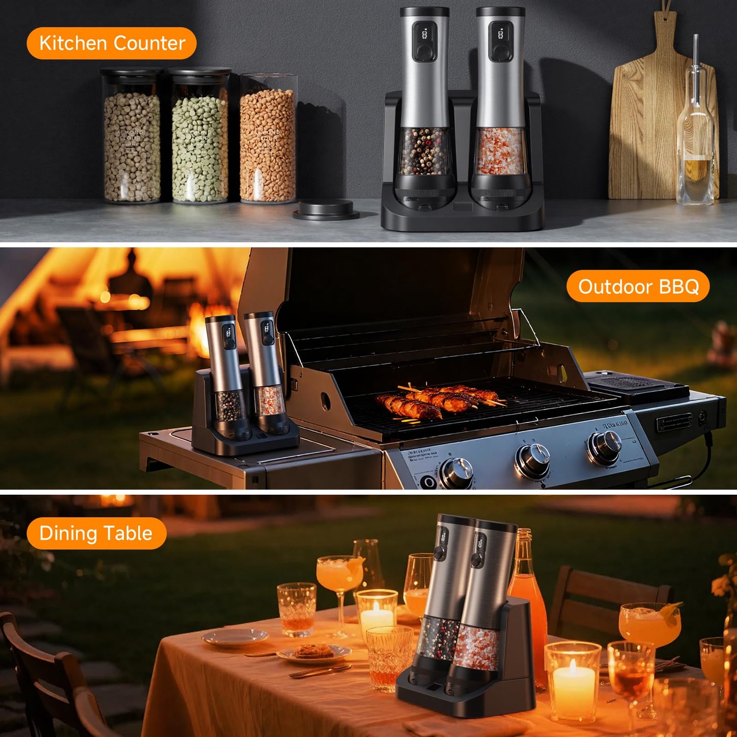 Electric Salt and Pepper Grinder Set,2 Pack Rechargeable Automatic Pepper Mill,with Charging Base,5 Level,Display,LED Lighting,Large Capacity,Kitchen Gift (2, Stainless steel, Charging Base)