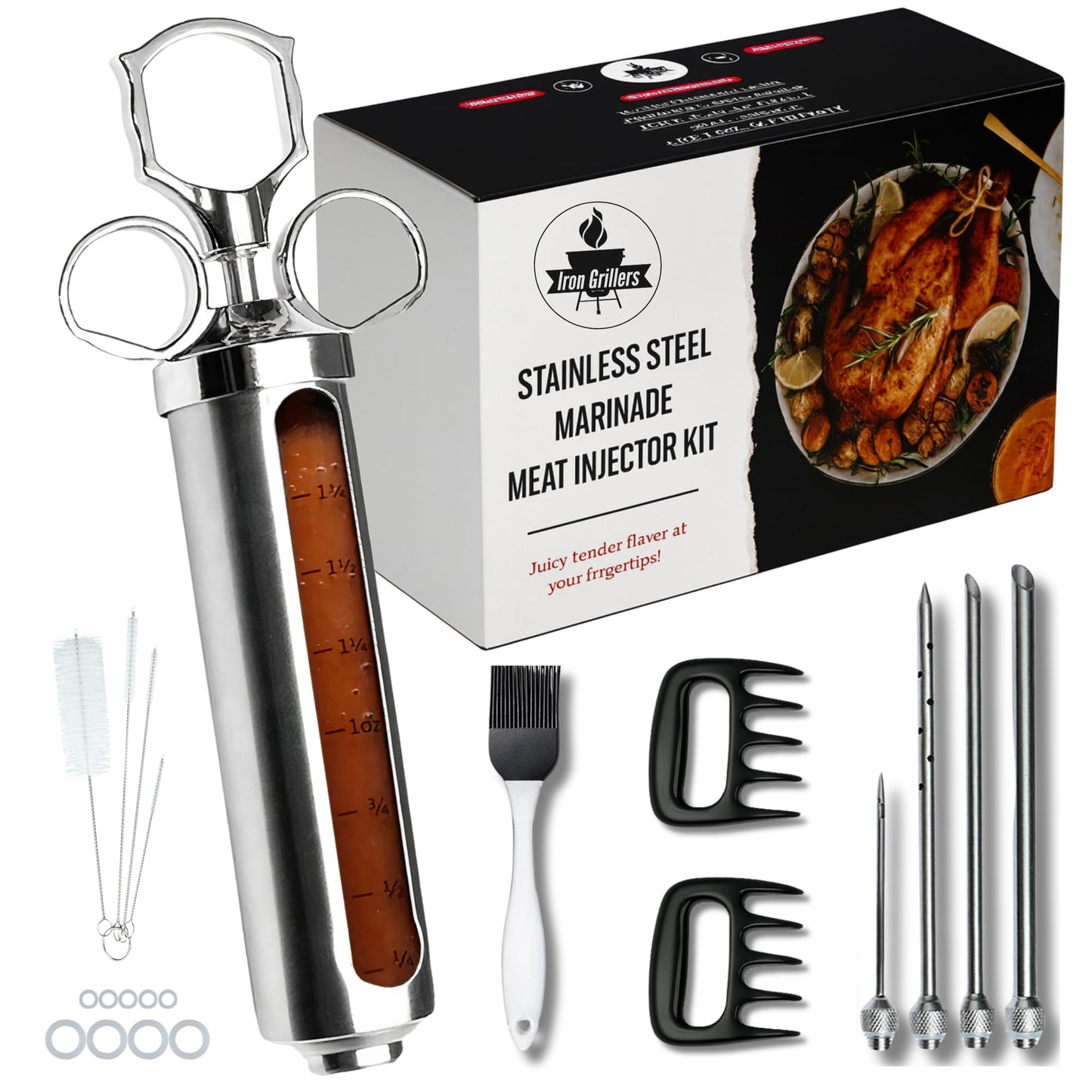 Professional Meat Injector Marinade Syringe Kit for Smoking & Grilling Turkey & Brisket, Large 2 Oz Stainless Steel Visible Capacity, Never Leaks or Clogs - BBQ Gifts for Men - Built to Last Years