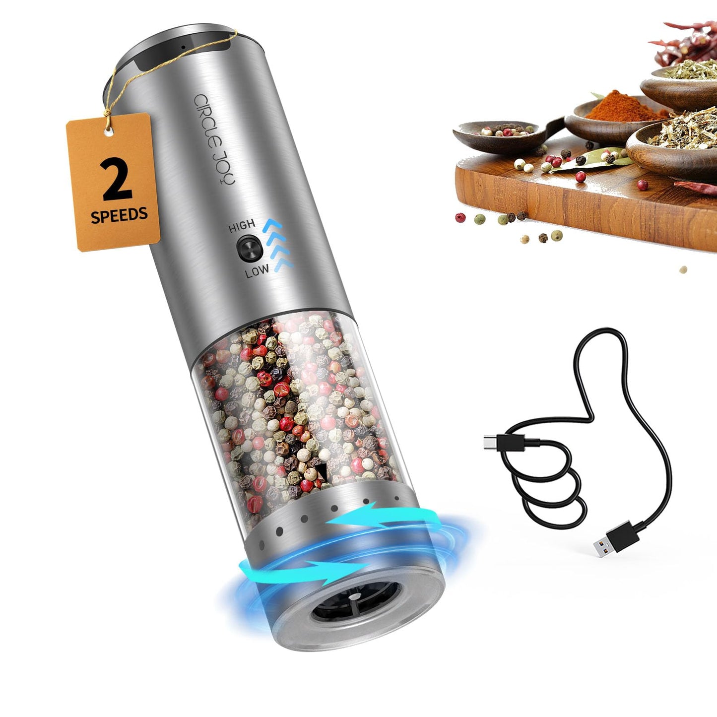 CIRCLE JOY Electric Pepper Grinder Stainless Steel Rechargeable Pepper Mill with Variable Grinding Speed, External Adjustable Coarseness, 95ml Container and White LED Light, Silver
