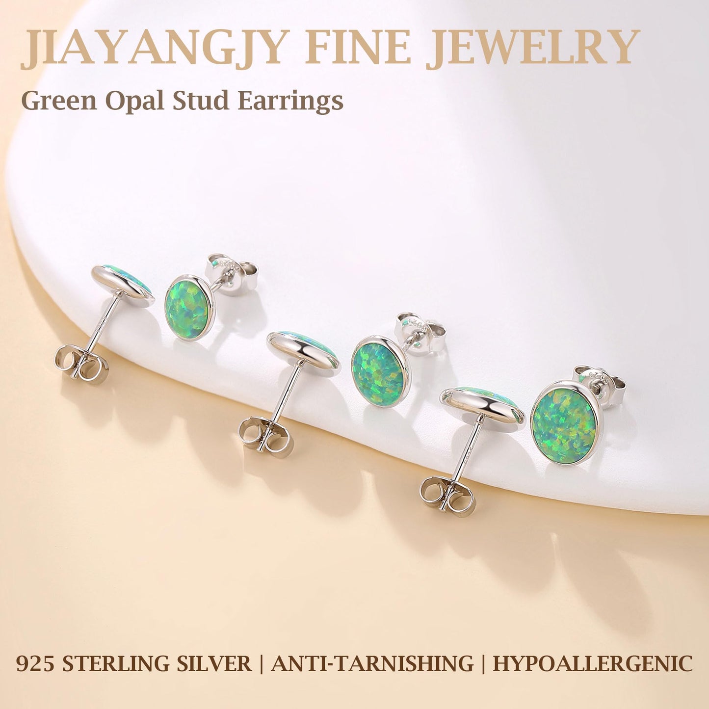 JiayangJY Silver Green Fire Opal Stud Earrings for Women Sterling Silver Oval Shape 7mm Opal Earrings with Push Back