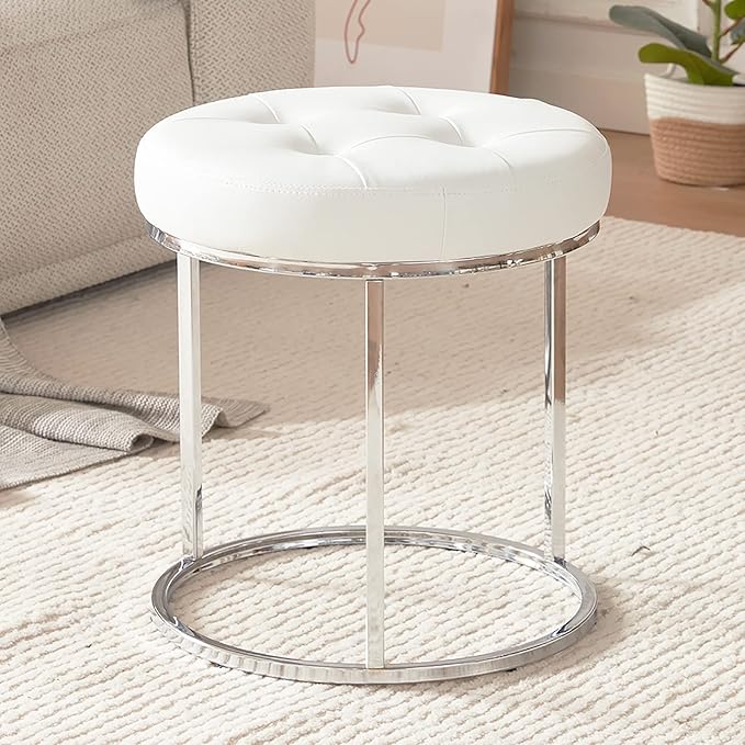 DUHOME Faux Leather Ottoman Stool, Vanity Chair Button Tufted Footrest Stool Makeup Stool with Metal Base for Living Room Bedroom, White