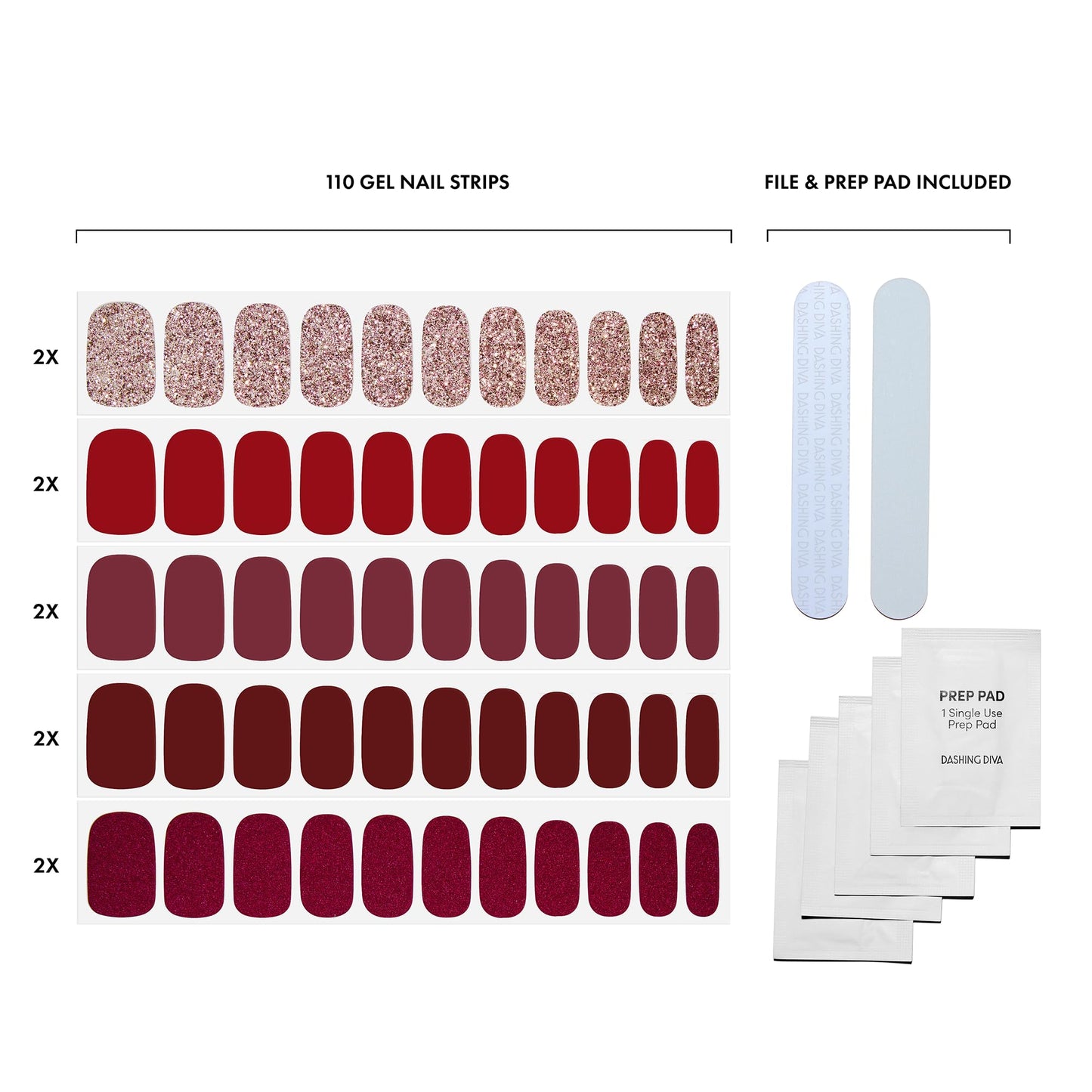 Dashing Diva Gloss Nail Strips 5-in-1 Kit - Best of Reds - UV Free, Chip Resistant, Long Lasting Gel Nail Stickers - Contains 110 wraps, 5 prep pads, 2 nail files