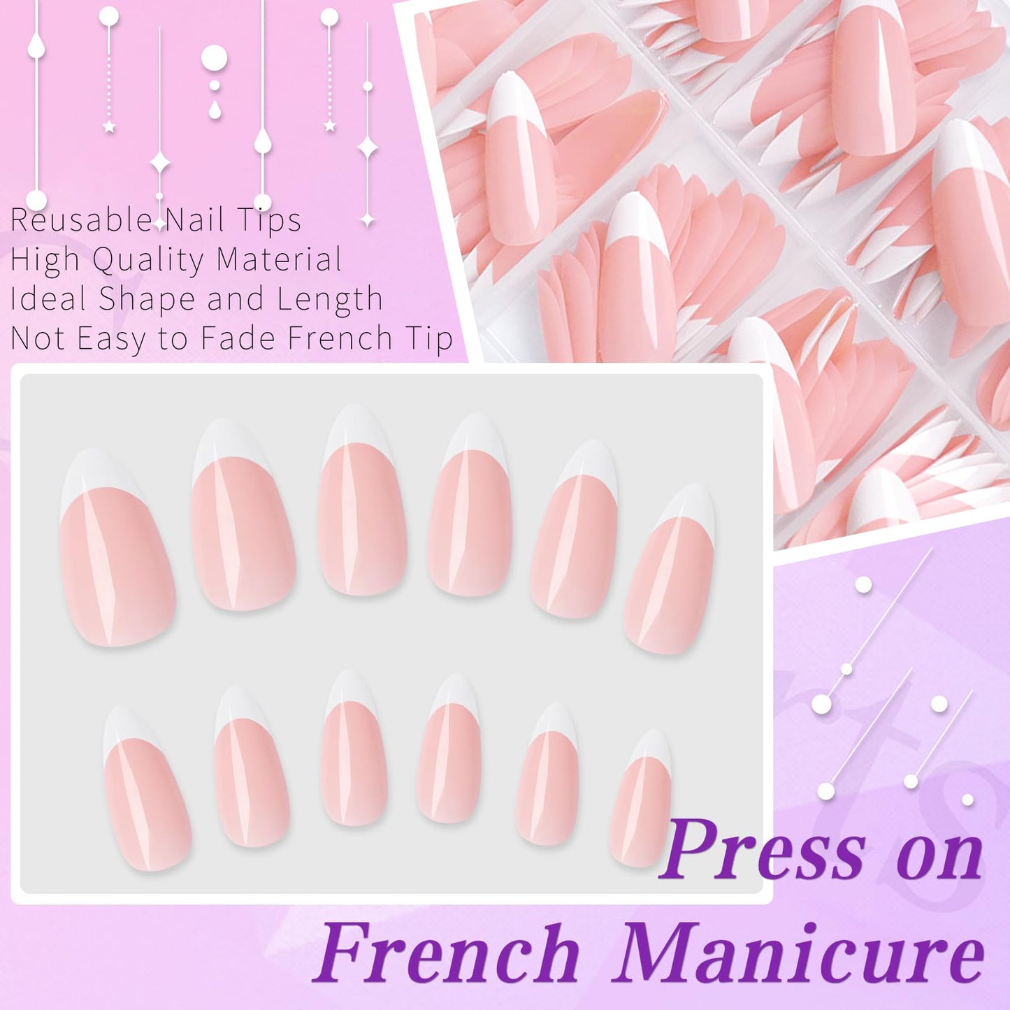 Lifextol 240pc French Tip Press on Nails Medium Fake Nails with Glue and Adhesive Tab, False Acrylic Nails Press on Nails Almond Nail Tips Artificial Glue on Nails Press ons Fingernail Stick on Nails