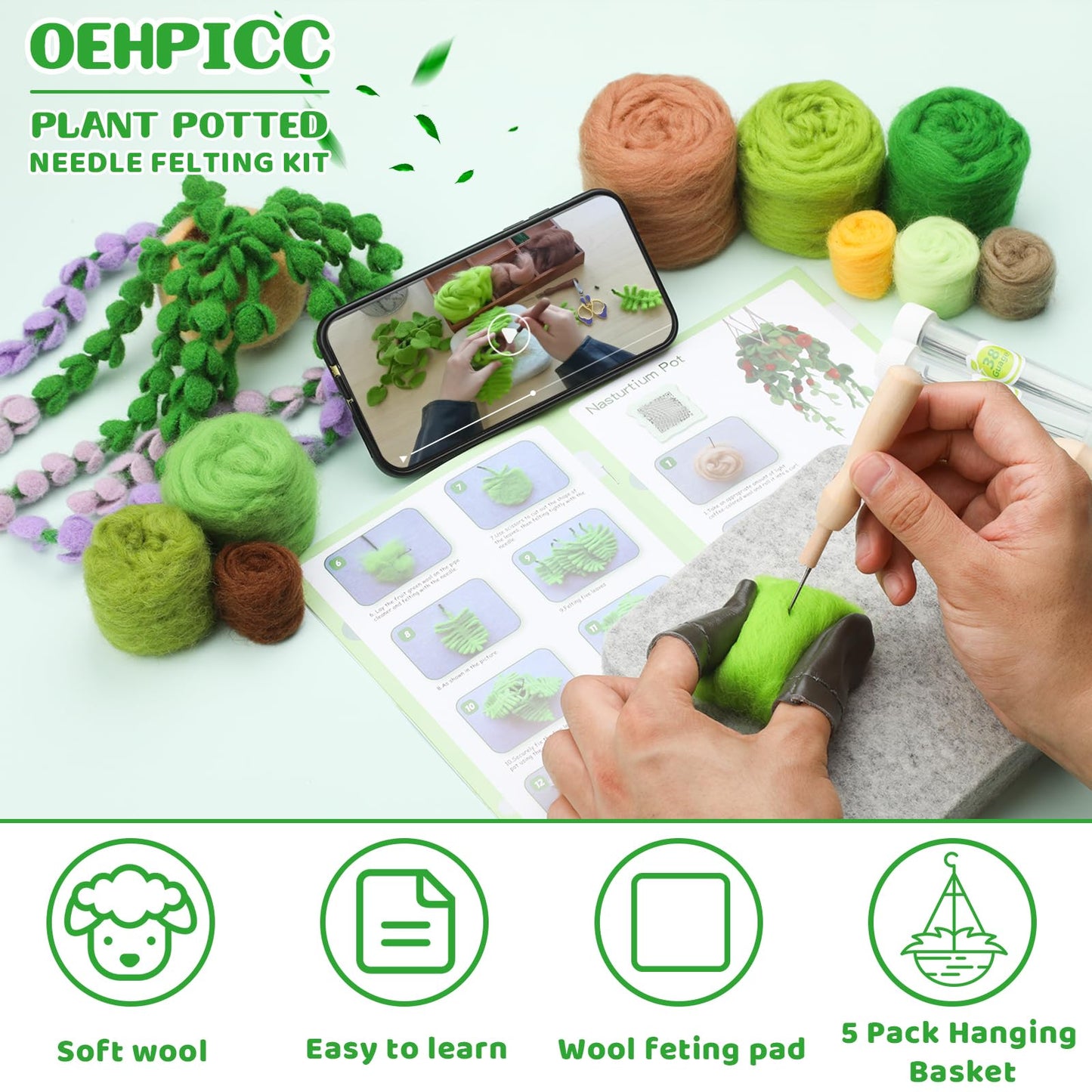 OEHPICC Needle Felting Kit, 5 Pack Hanging Plants Needle Felt Beginner Kit, Including Basic Felting Tools, Instructions, Felt Craft Kit for Indoor Outdoor Office and Home Decor