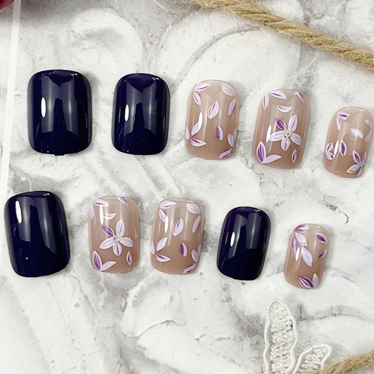 Square Press on Nails Short Fake Nails with Flower Leaves Designs Nails Press ons Purple Nude Glue on Nails Glossy Artificial Nails Simple False Nails Spring Summer Stick on Nails for Women 24Pcs