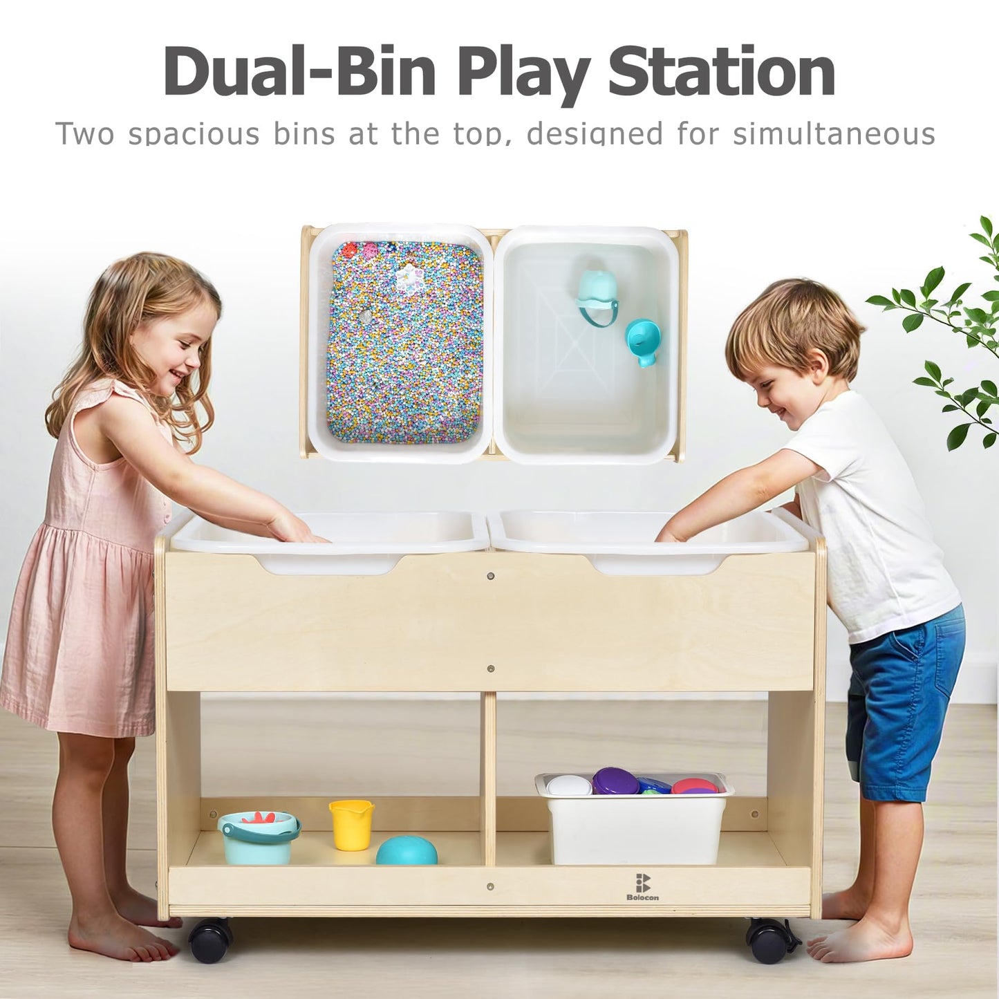 Bolocon Sand and Water Activity Table for Kids, Sensory Table w/Dual Deep Sand/Water Bins & 2 Bottom Storage Compartment & Lockable Casters, Indoor/Outdoor Activity Play