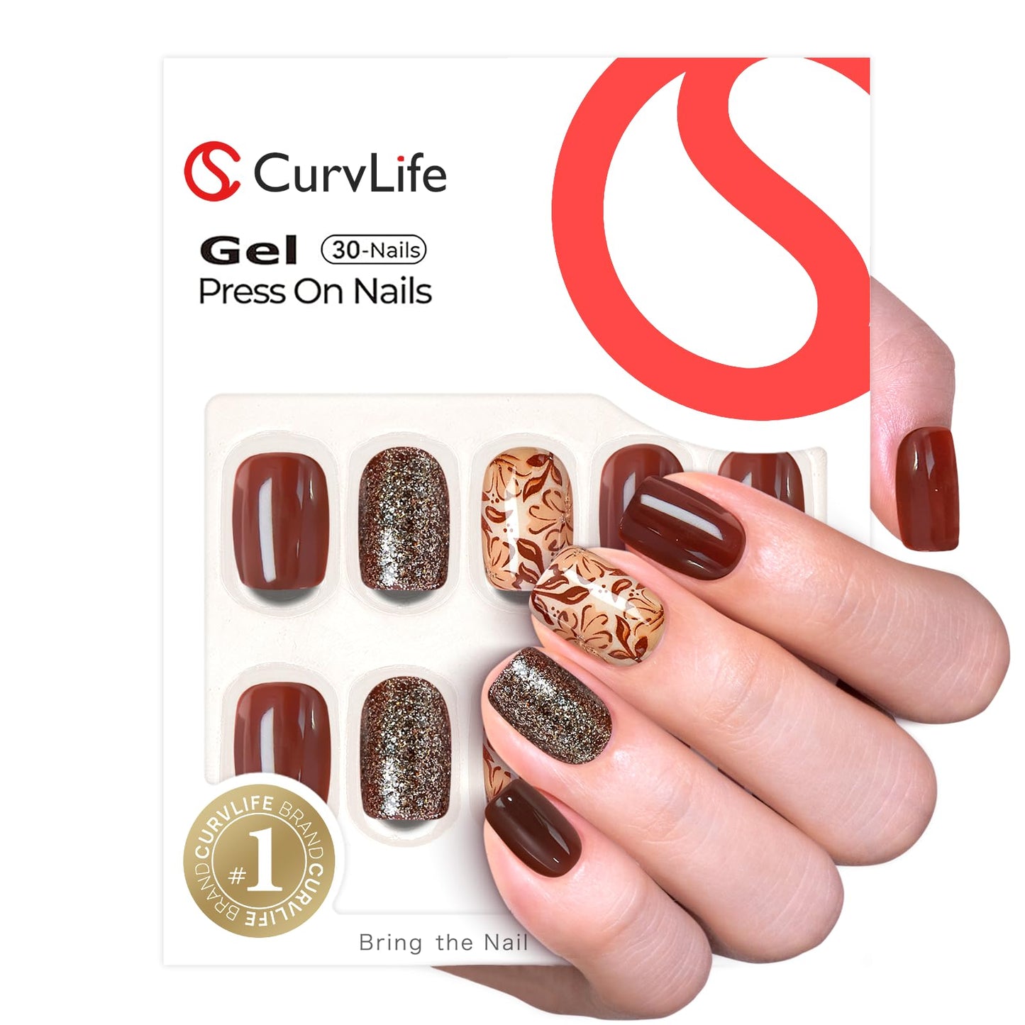 Curvlife Soft Gel Square Press On Nails Short – Reusable False Natural Fit Fake Nails Tips Stick Ons, Salon Quality UV Finish (Brown Floral and Glitter Nails, Short)