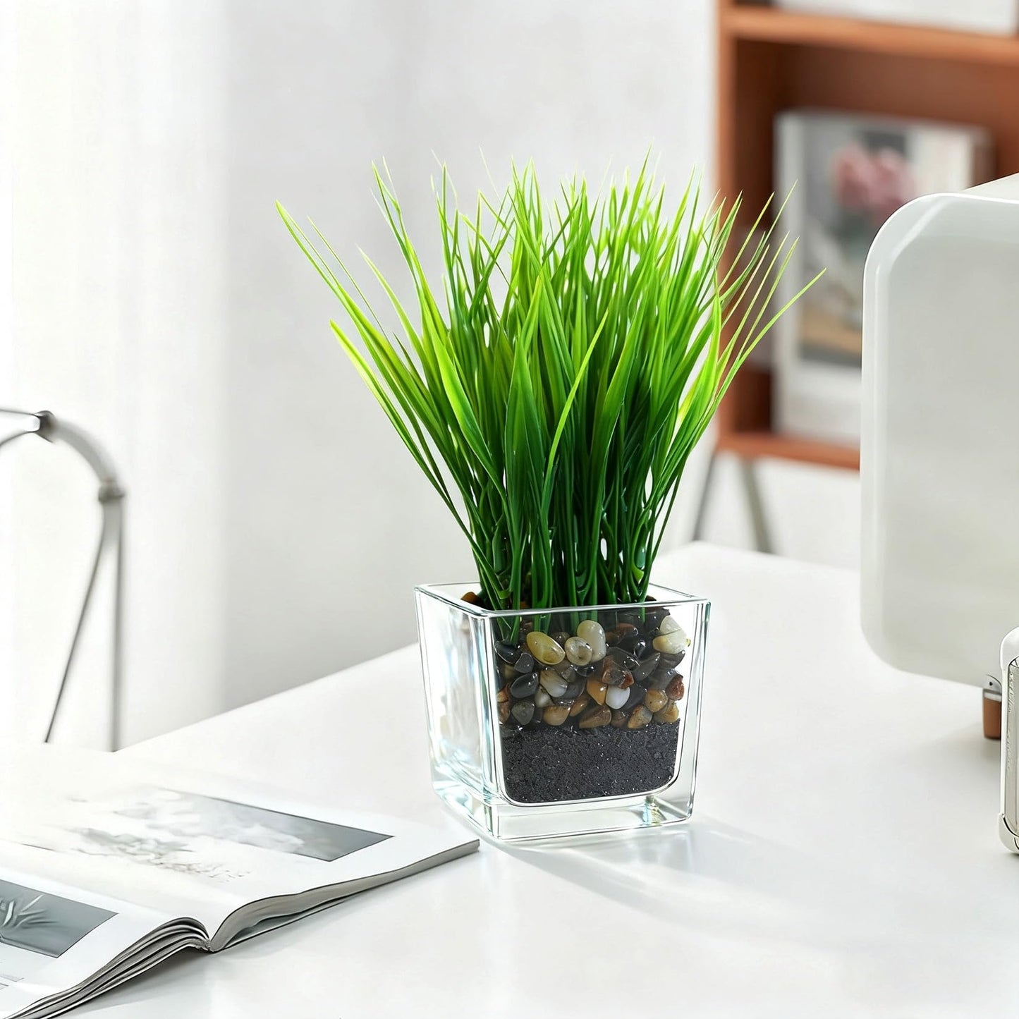 PeacefulHues 3-Pack Artificial Grass in Glass Planters, Small Faux Greenery for Desks, Shelves & Indoor Spaces, Modern Tabletop Decorative Plants (3×3×8.7 in)