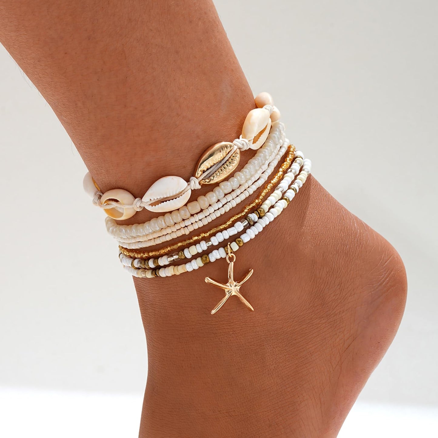 Qceasiy Shell Ankle Bracelet Set for Women, Gold Plated Boho Bead Adjustable Anklet, Hawaiian Beach Seashell Pearl Heart Starfish Conch Foot Jewelry Gifts (Starfish Shell 7Pcs)