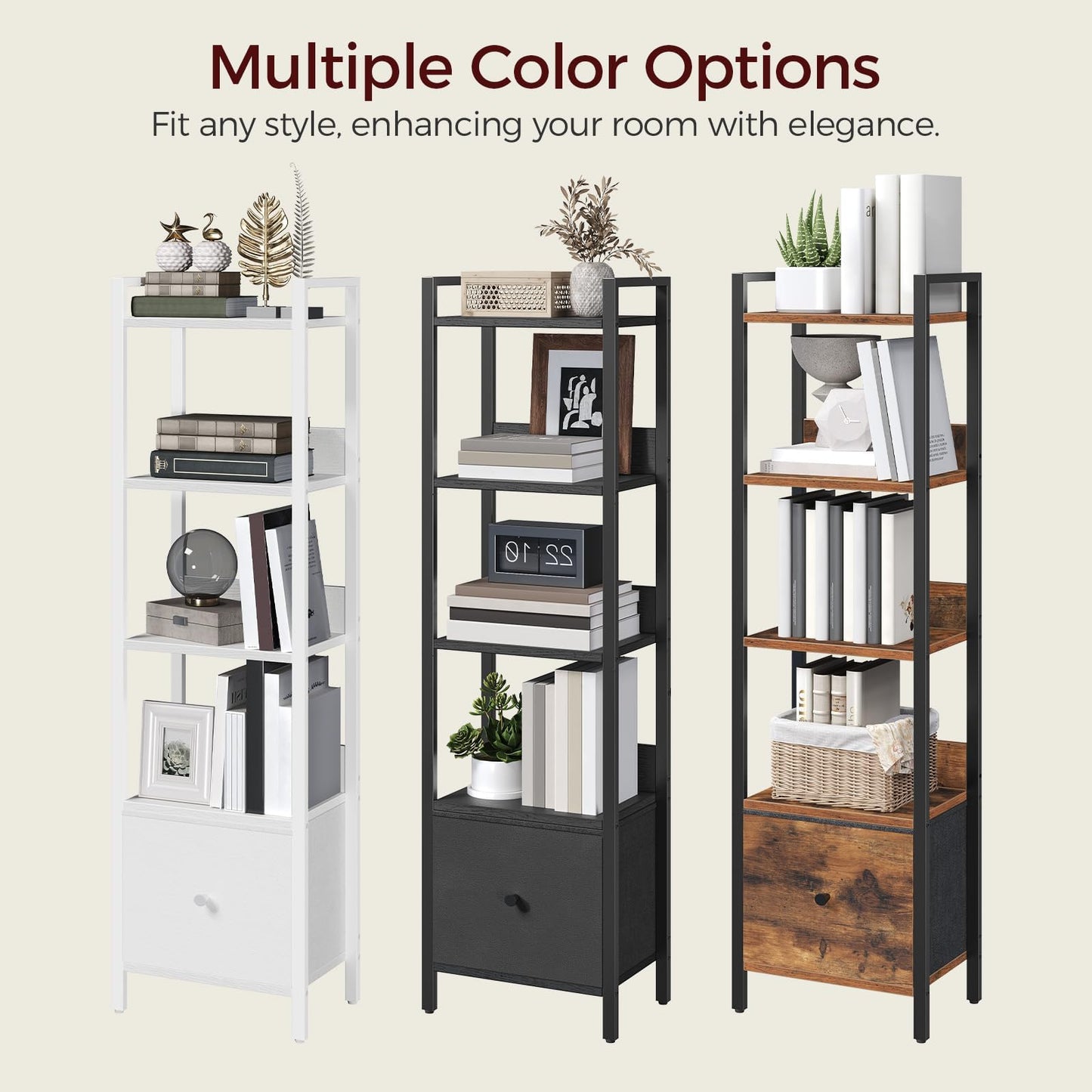 MAHANCRIS Bookshelf, 5-Tier Bookcase with Drawer, Small Book Shelf for Small Space, Storage Shelf Organizer, for Living Room, Bedroom, Study, Kitchen, Rustic Brown and Black BKHR55101