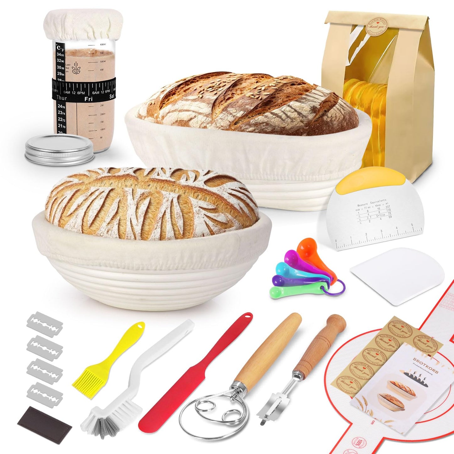 SHANNA Sourdough Starter Kit, Banneton Bread Proofing Basket, Sourdough Bread Baking Supplies, Sourdough Tools, Bread Making Tools, Round & Oval Proofing Basket, 15PCS