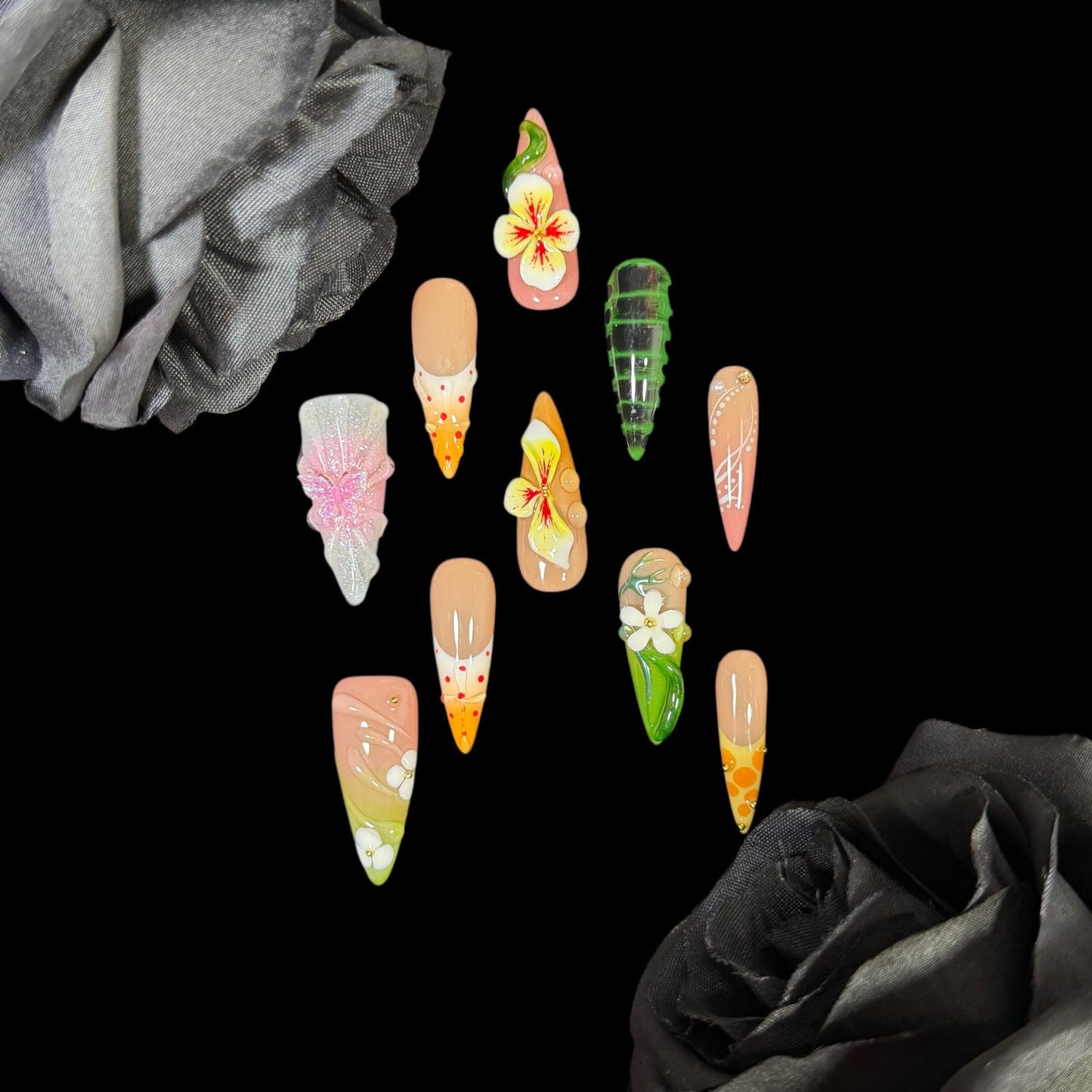 3D Floral Press On Nails – Handmade Stiletto Fake Nails with Butterfly, Gradient Ombre & Nail Art Design – Spring Summer Thick Acrylic Nail Set Tendril (S)