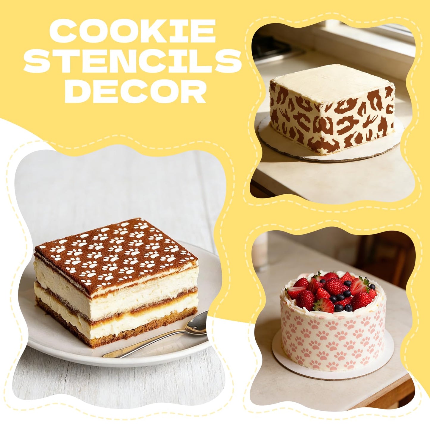 25 Pcs Cookie Stencils for Baking, Honeycomb Mermaid Scale Leopard Tiger Snake Texture & Dog Paw Print Patterns, Royal Icing Airbrush Cake Stencils for DIY Desserts & Party Crafts Reusable