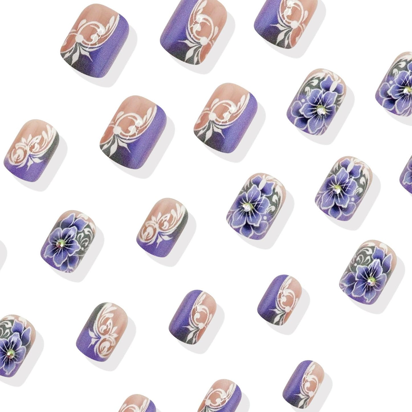 IMRAIN Press on Nails Short Square Fake Nails Matte Purple Flower Glue on Nails Spring Floral Squoval False Nails Artificial Acrylic Nail Supplies for Women Girls DIY Manicure Decorations