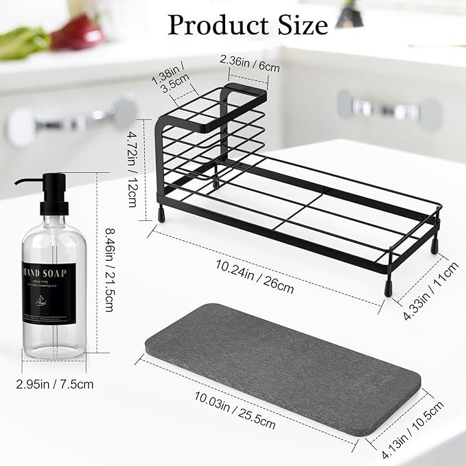 Luxspire Kitchen Soap Dispenser Set - 17oz Hand and Dish Soap Dispenser Set with Fast Drying Tray, Glass Bottle with Waterproof Labels, Kitchen Sink Organizer, Bathroom Countertop Organizer, Black