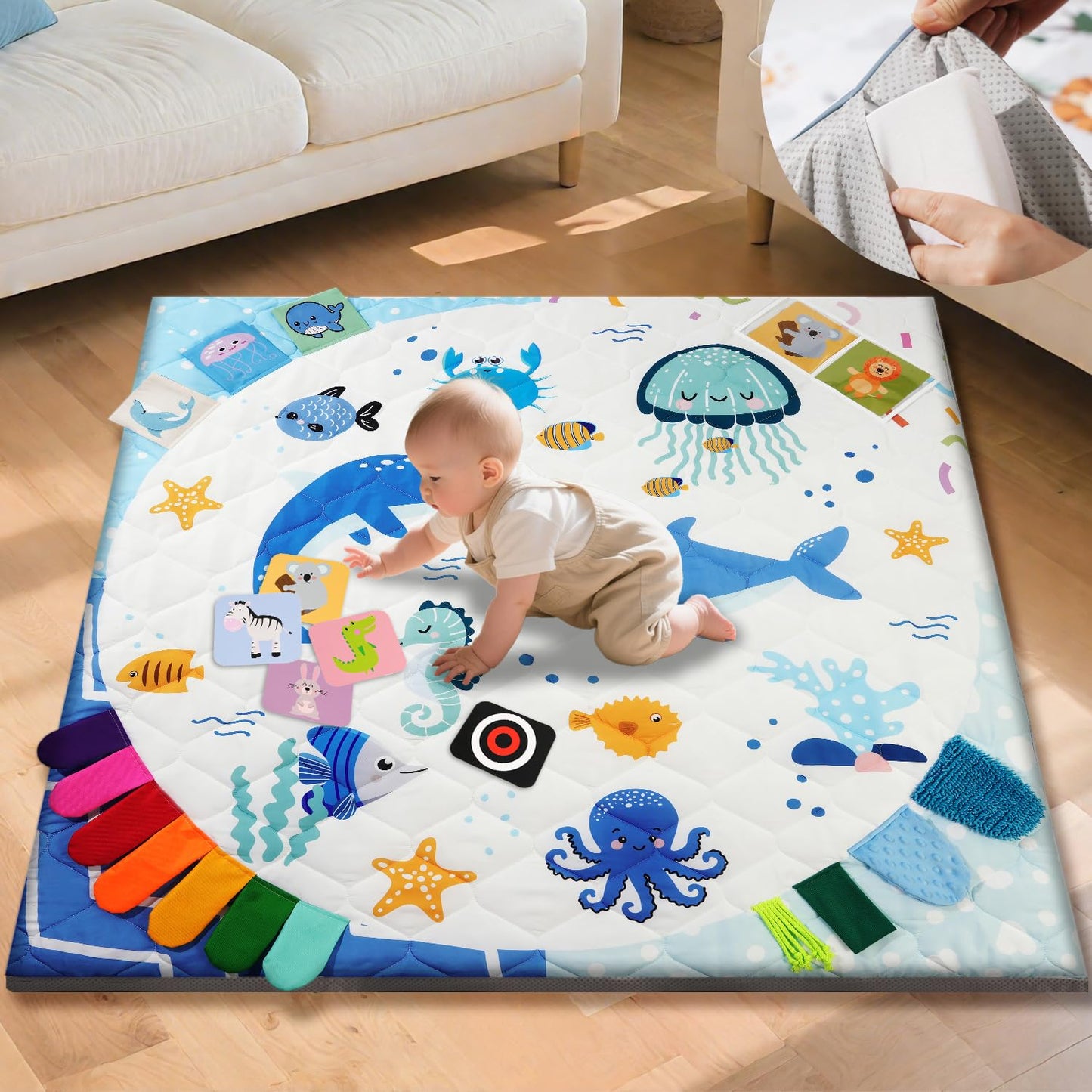 TINYHARBO Premium Foam Baby Play Mat 50x50, 4 Developmental Zones Play Mat with Removable & Machine Washable Cover, Extra Thick Padding Playpen Mat, Easy to Clean for Infants, Toddlers & Babies