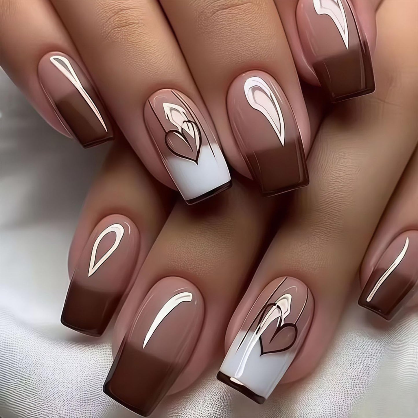 French Tip Press on Nails Square Medium Fake Nails with Love White Lines Designs Glossy Nails Press ons Brown Full Cover Glue on Nails Fall Acrylic Artificial Stick on Nails for Women 24Pcs