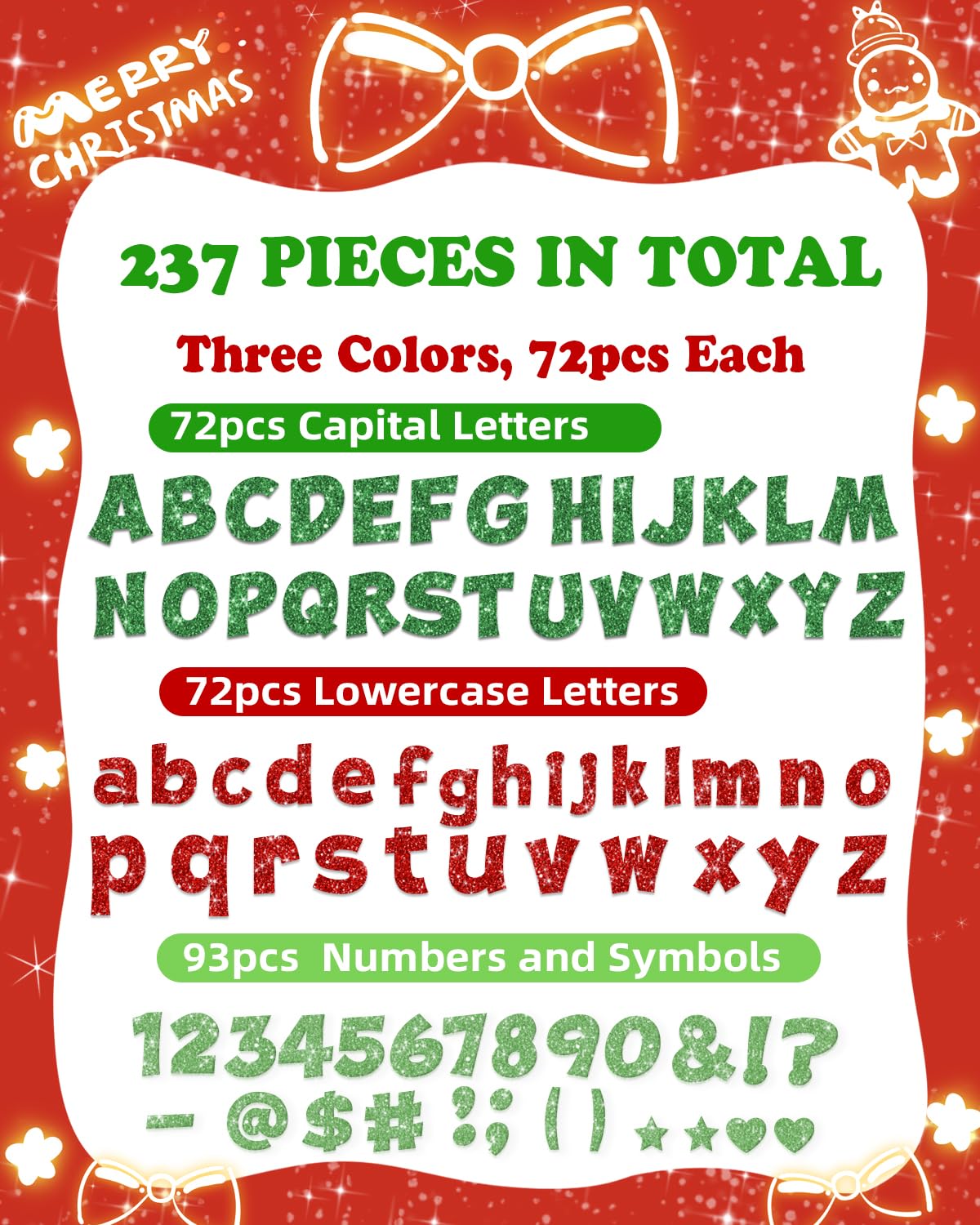 237 Pcs Christmas Glitter Bulletin Board Letters Decorations, Numbers and Punctuation 4 Inch, Alphabet Cut Out Cardboard Letters for Poster Bulletin Board Accessories for Display Decorating Supplies