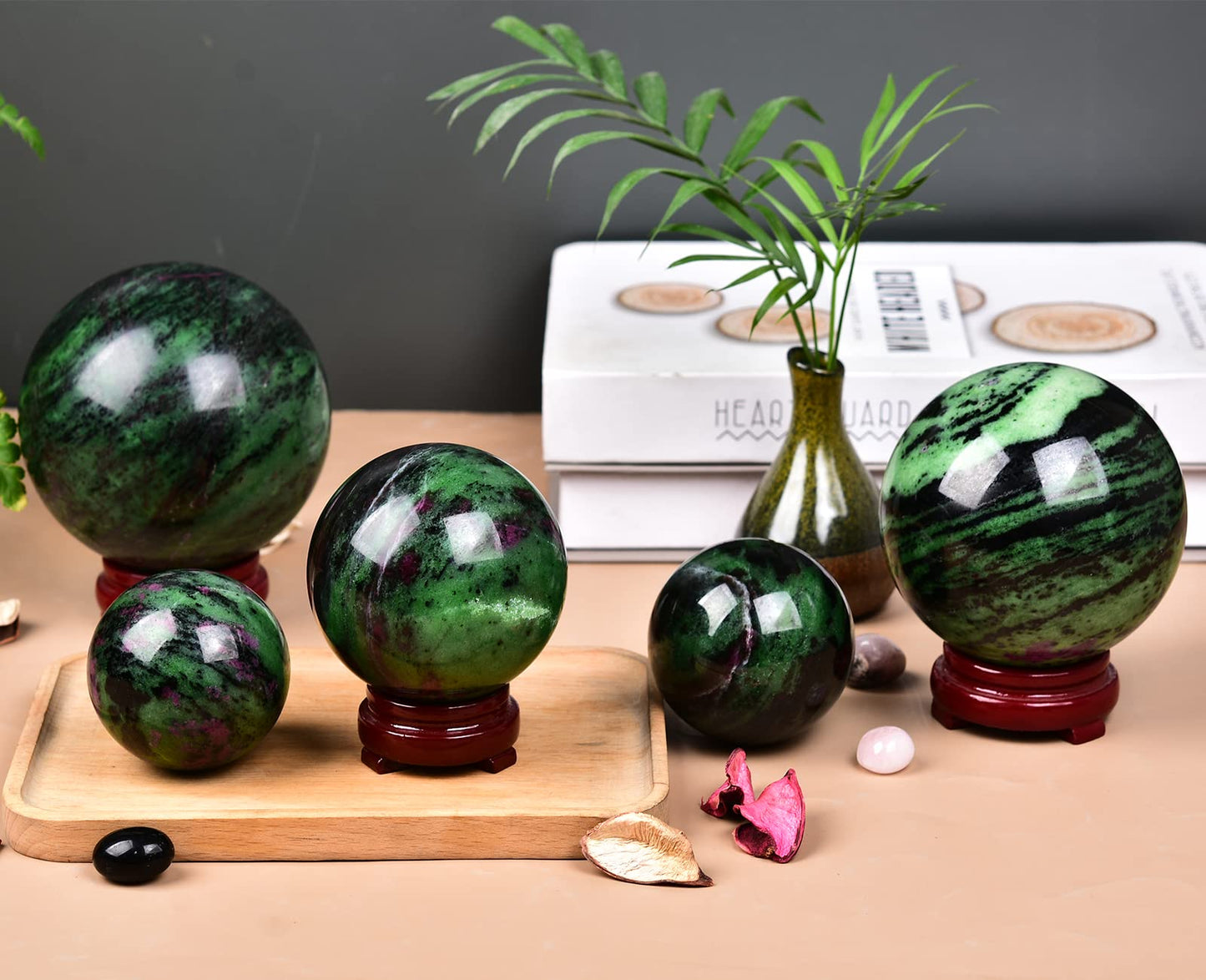 JIC Gem Crystal Sphere Ruby Zoisite Healing Ball With Wood Base - Red&Green Treasure Gemstone for Reiki Chakra Decor (70-80mm)