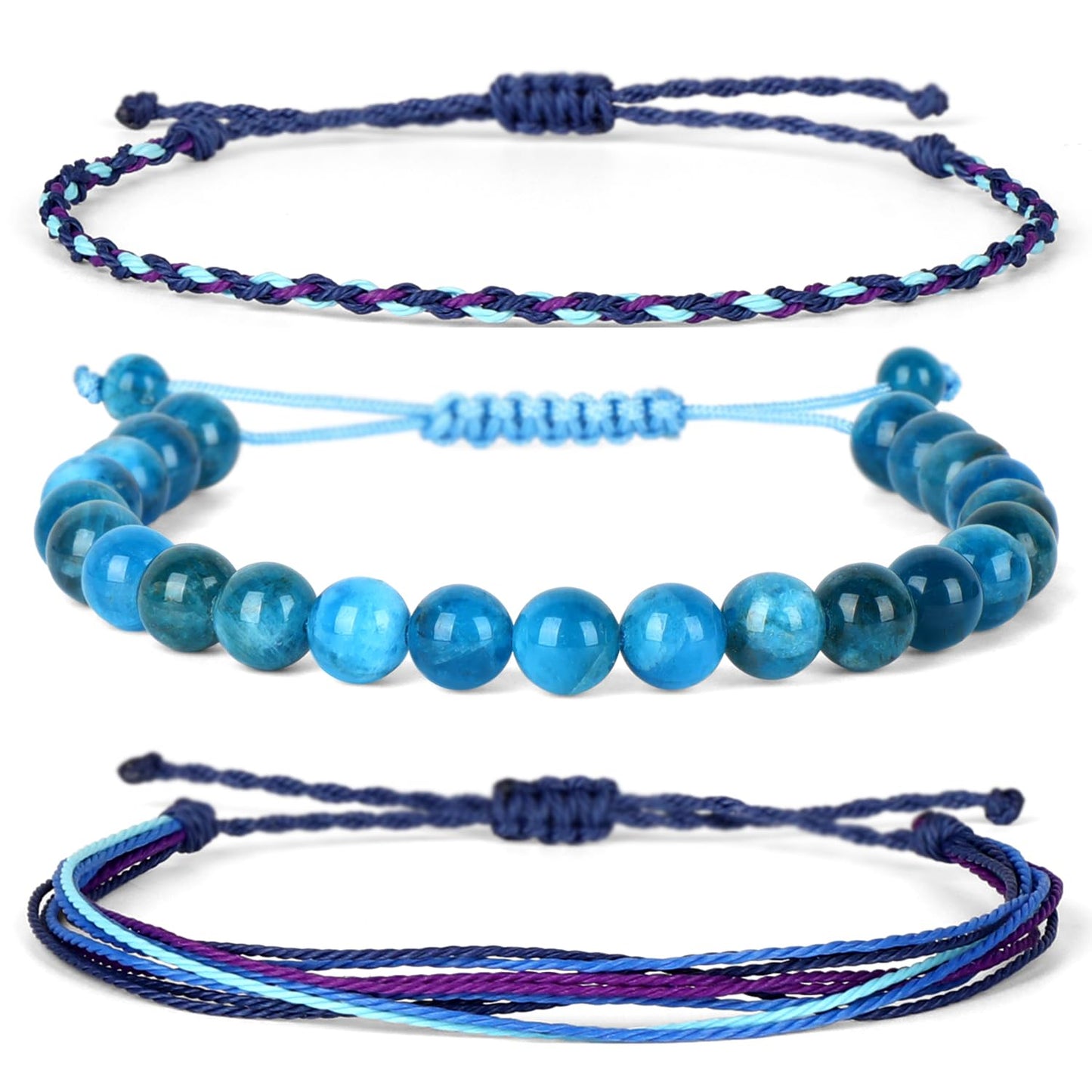 QOGIR Handmade Healing Bracelets,8mm Natural Blue Apatite Gem Stone Beads Bracelet for Men Women Gifts with 2PCS Size Adjustable Rope Bracelets
