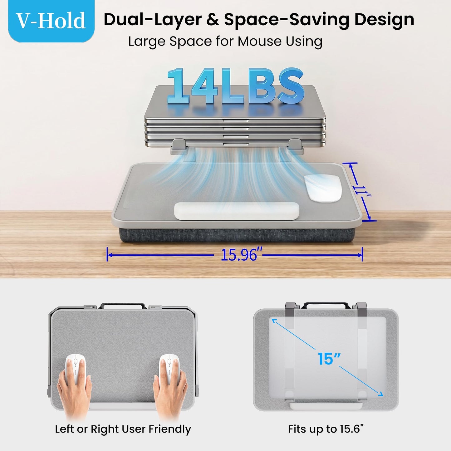 Lap Desk for Laptop, Elevated Laptop Stand for Bed, Fits up to 15.6" Laptops & MacBook, Lightweight Lap Desks for Adults with Comfortable Cushion for Bed & Couch
