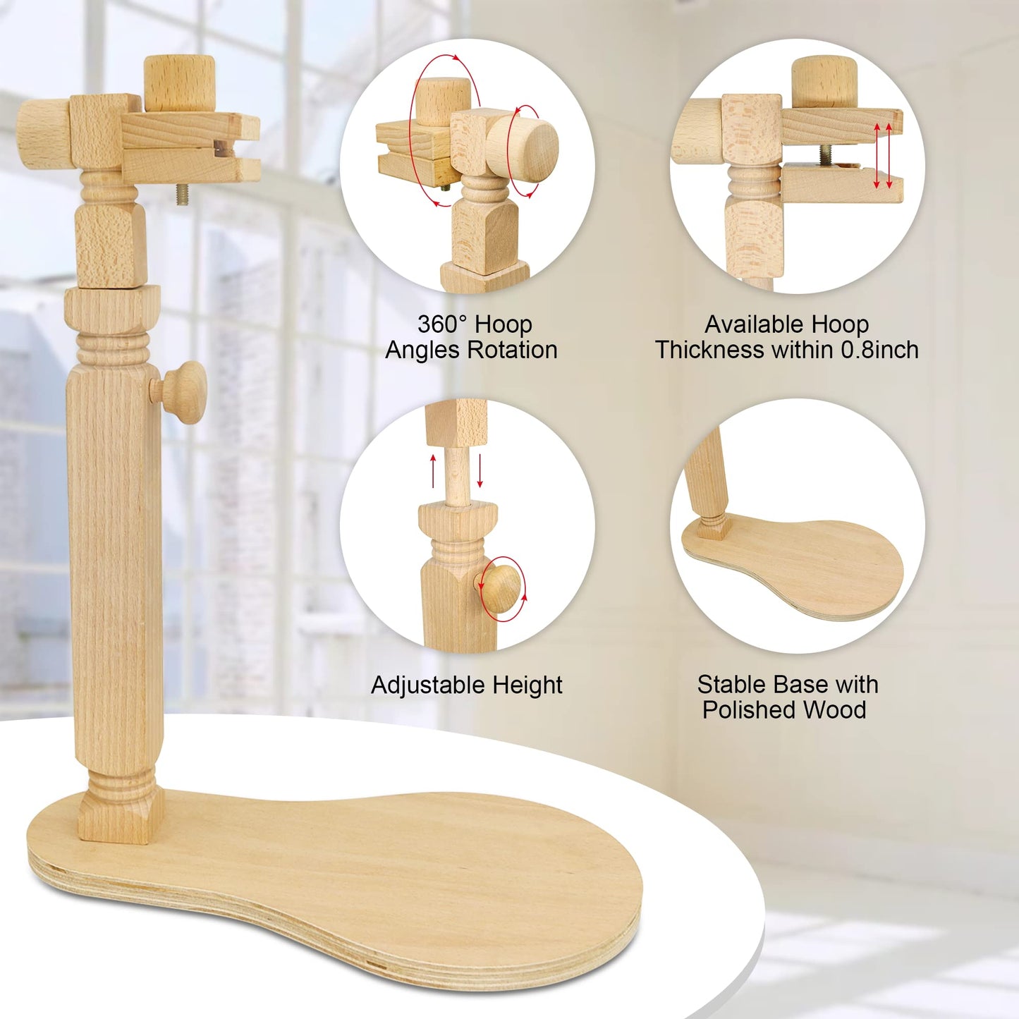 Adjustable Embroidery Hoop Stand Cross Stitch Stand Lap, Beech Wood Embroidery Hoop Holder Frame, Rotated Needlepoint Frame Stand for Art Craft Sewing Needlework Projects