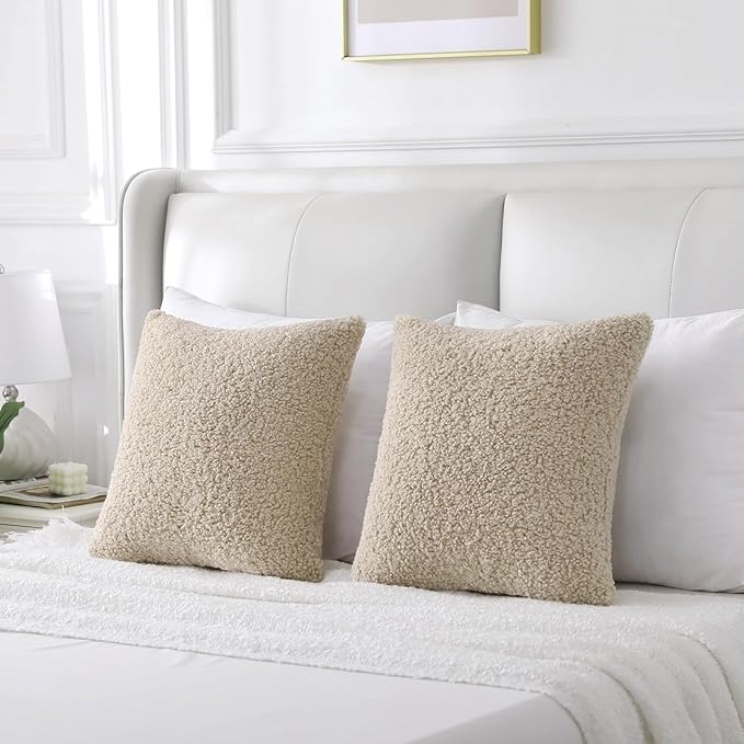 FUTEI Beige Throw Pillow Covers 16x16 Inch Set of 2,Furry Faux Fur Teddy Boucle Textured Cushion Covers,Soft Fluffy Decorative Pillow Case,Home Decor for Couch Bed Living Room Office Car
