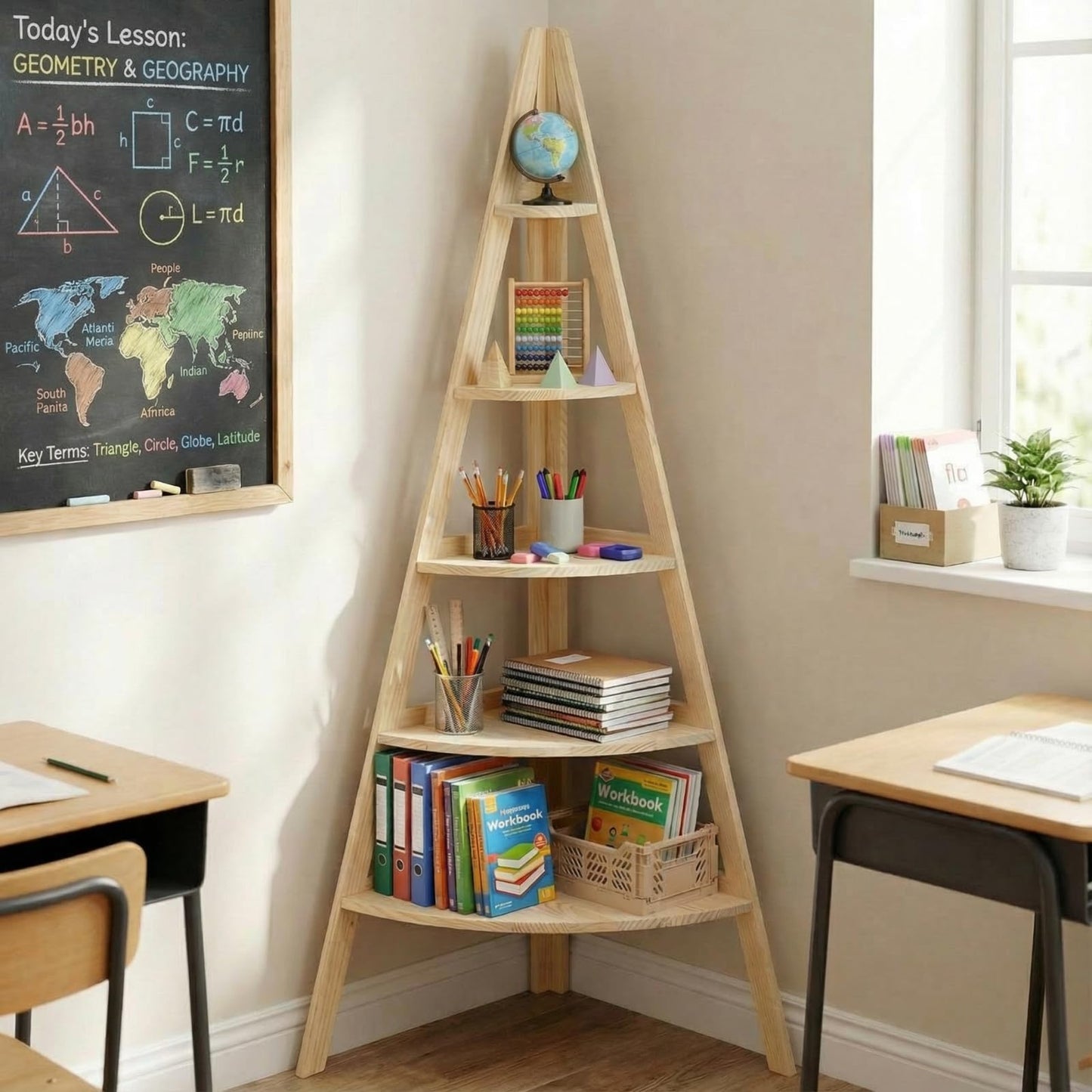 Vercraft 63" Tall Wooden Corner Bookshelf 6 Tier Village Display Stand Large Wood DIY Corner Shelf Display Platforms for Bedroom Living Room Classroom Decor