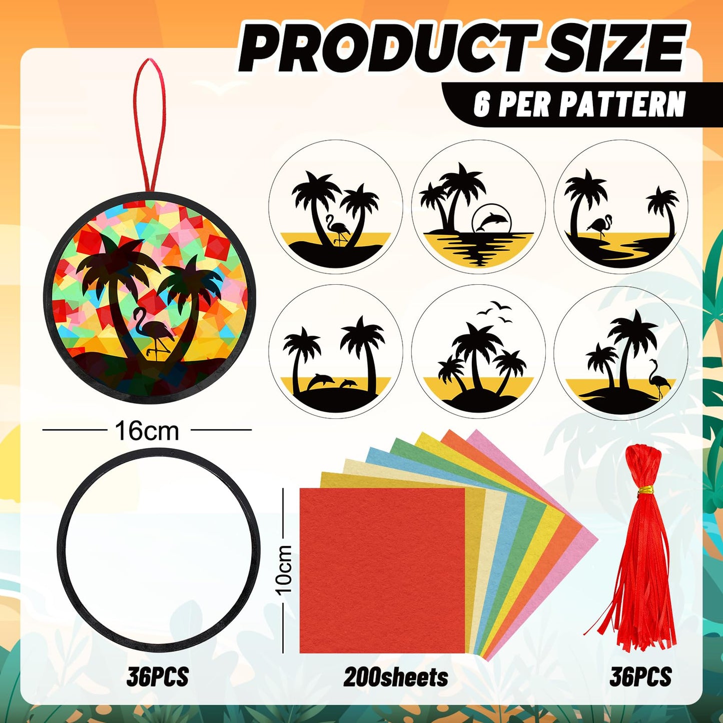 AnyDesign 36 Sets Summer Beach Suncatcher Paper Crafts Kit Tropical Palm Tree DIY Tissue Paper Crafts Hanging Ornament for Stained Glass Window Hawaiian Party Classroom Decor