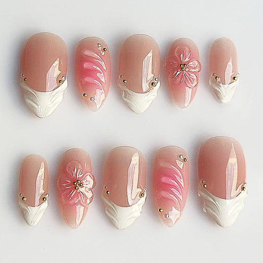 3D Flower Medium Almond False Nails HZJXRT Press on Nails 24 Pcs Curve Line Acrylic Fake Nail Blush Gradient Gel Glue on Nail Glossy White French Tips Stick on Fingernail for Coquette Women Gift