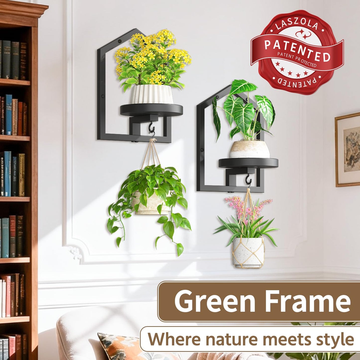 LASZOLA 2 Pcs Black Wall Mount Plant Shelves with Hangers for Indoor Flower, Heavy Duty Metal Window Floating Planter Holders Stand, Iron Modern Picture Frame Decorative for Bathroom Kitchen with Hook