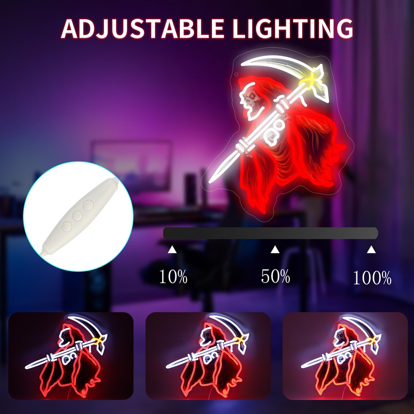 Skull of the Reaper LED Neon Sign USB Powered for Wall Decor, Horror Neon Night Light Sign Dimmable for Room Party Decor Halloween Birthday Gifts