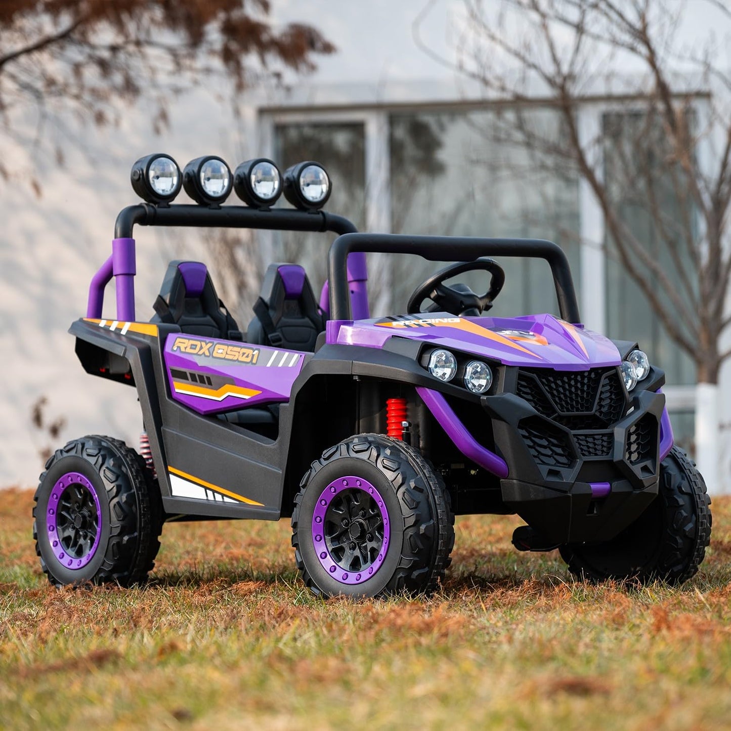 24V 2-Seater Kids Ride-On UTV, 4WD Electric Car with Parent Remote Control, 4x200W Motor, LED Headlights & Searchlights, Bluetooth Music, Spring Suspension, 3-Speed Off-Road Toy Gift, Purple