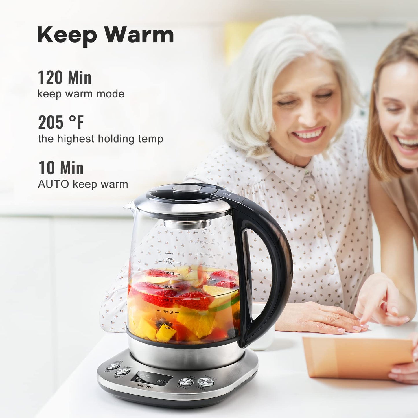 Mecity Electric Tea Kettle Borosilicate Glass Tea Maker With Temperature Control and Infuser - LCD Display and Preset Brewing Programs - 1.7 Liter Water Boiler
