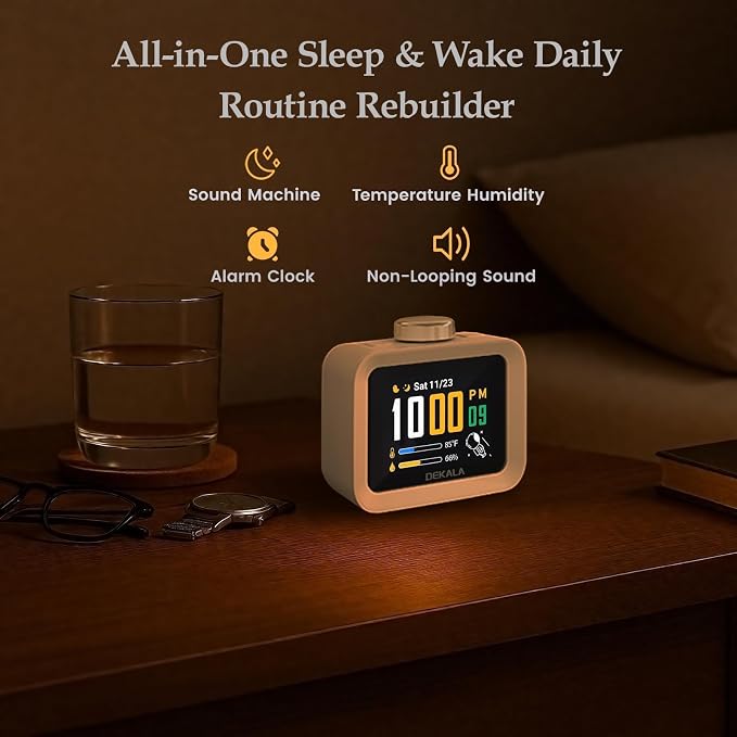 Dekala AuraDot Cute Aalarm Clock Temperature Humidity Monitor, White Noise Sound Machine for Sleep 30 Non-Loop Soothing Sounds, Animationed Sleep Screen, 7-Day Programmable 4 Alarm Clock