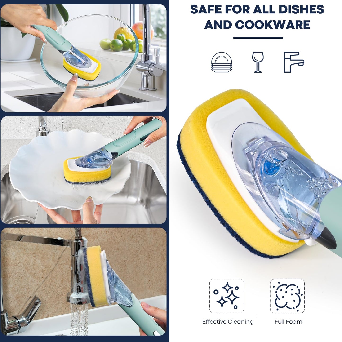 Dish Brush with Soap Dispenser Storage Set with 2 PCS Sponge Refills & Holder, Soap Dispensing Dish Brushes, Sponge with Soap Dispenser Handle, Dish Sponges with Handle for Dishes Pans Pots Sink