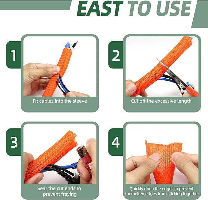 Split Wire Loom Tubing, Cable Protector Sleeve, Braided Cable Management for TV/Computer/Home Theater/Engine Bay, Cord Protectors from Pets No Chew (Orange, 1/8"-10ft)