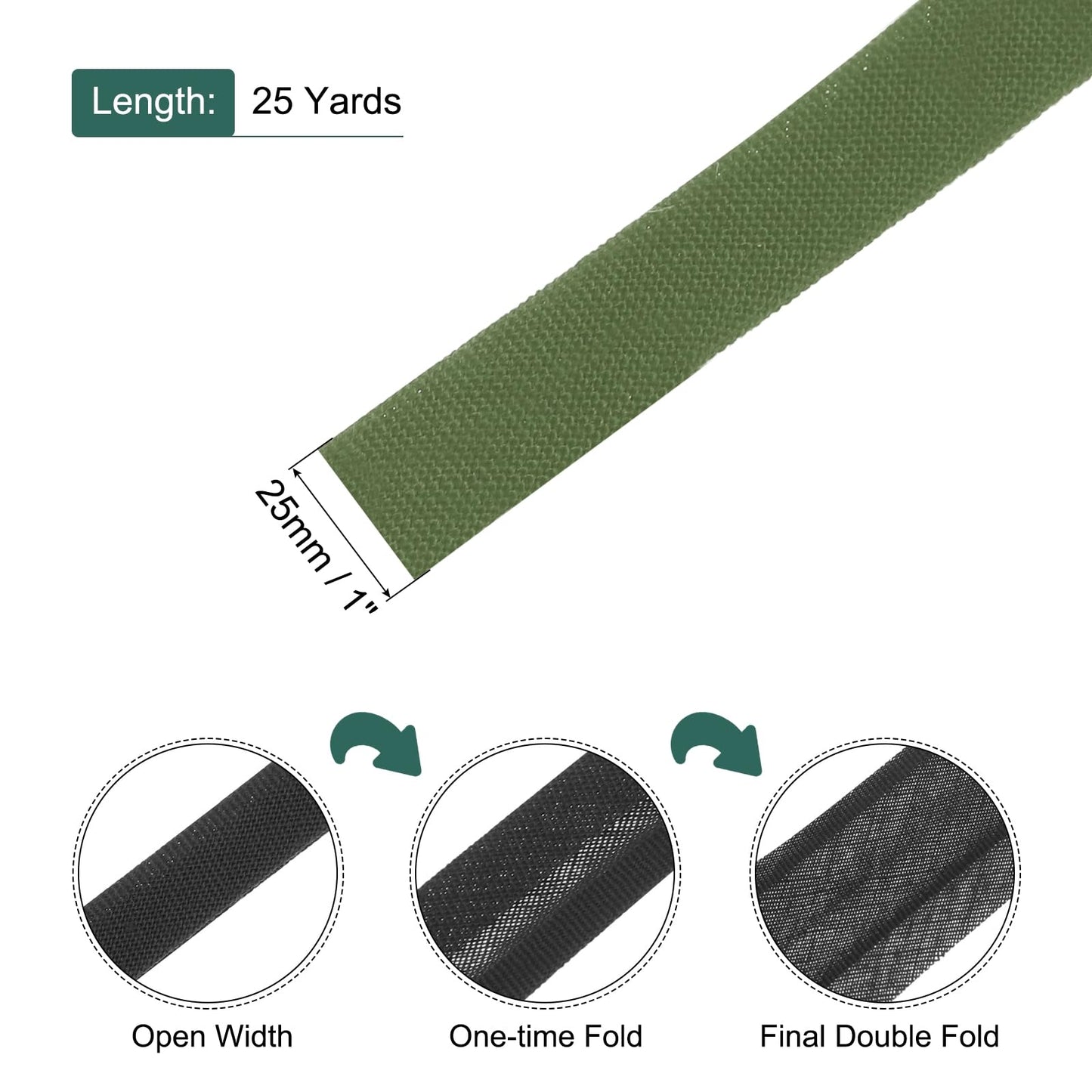 MECCANIXITY 1 Inch Double Fold Bias Tape Polyester Continuous Bulk Bias Tape for Sewing,Seaming Quilting Hemming Binding Crafts (Dark Green 25 Yards)