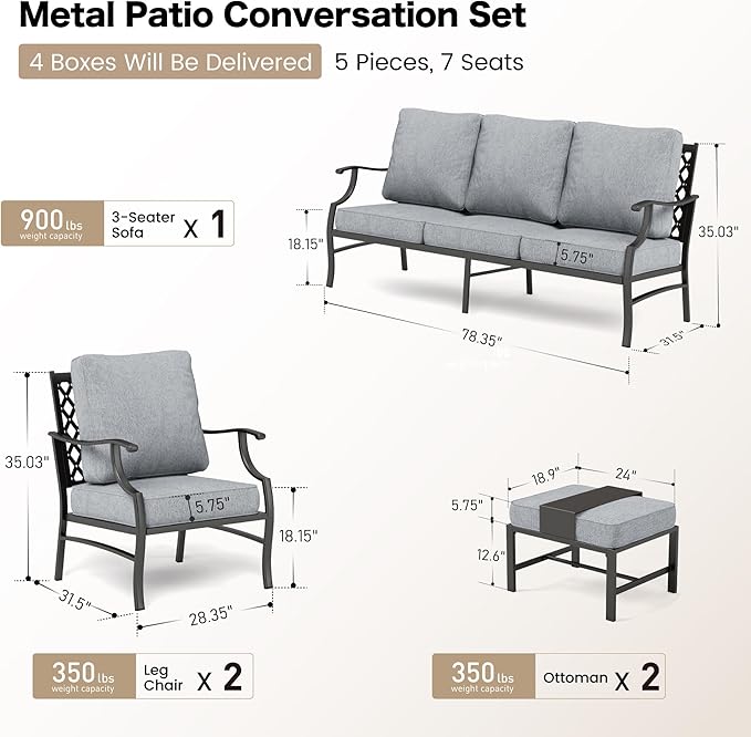 5 Piece Metal Outdoor Patio Furniture Set, Patio Conversation Sets 1 3-seater Sofa, 2 Fixed Chair, 2 Ottomans with 5.75" Thick Cushion, Black All-weather Frame Backyard Furniture, Gray