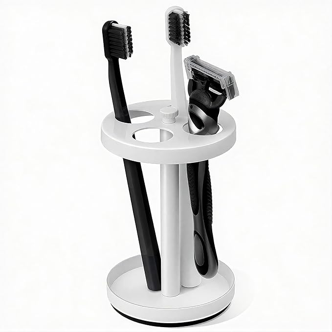 White Stainless Toothbrush Holder Stand: Rustproof Bathroom Countertop Organizer, 4 Ventilated Slots Hold Manual Toothbrushes, Razor