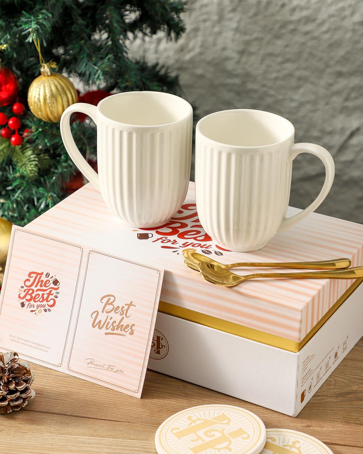 HASENSE Porcelain Coffee Mugs Set of 2, 20oz Large Ceramic Cups with Gift Box, Spoons & Coasters, Modern Ribbed Design - Valentine‘s Day Gift for Couples, Romantic Latte Cups for Wedding, White