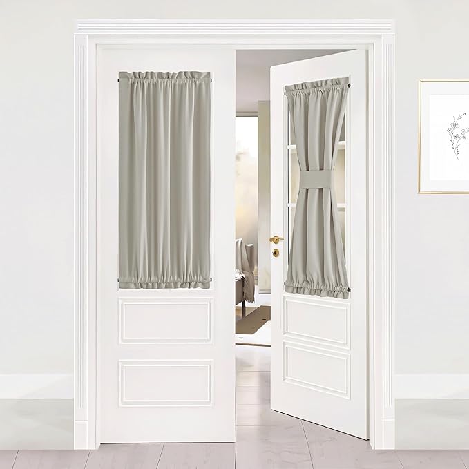 NICETOWN Farmhouse Curtains for Kitchen Window, Rod Pocket Short Front Sidelight Curtain for Back French Door Window Cover Door Shade with Tieback, 1 Panel (Natural, W25 x L40)