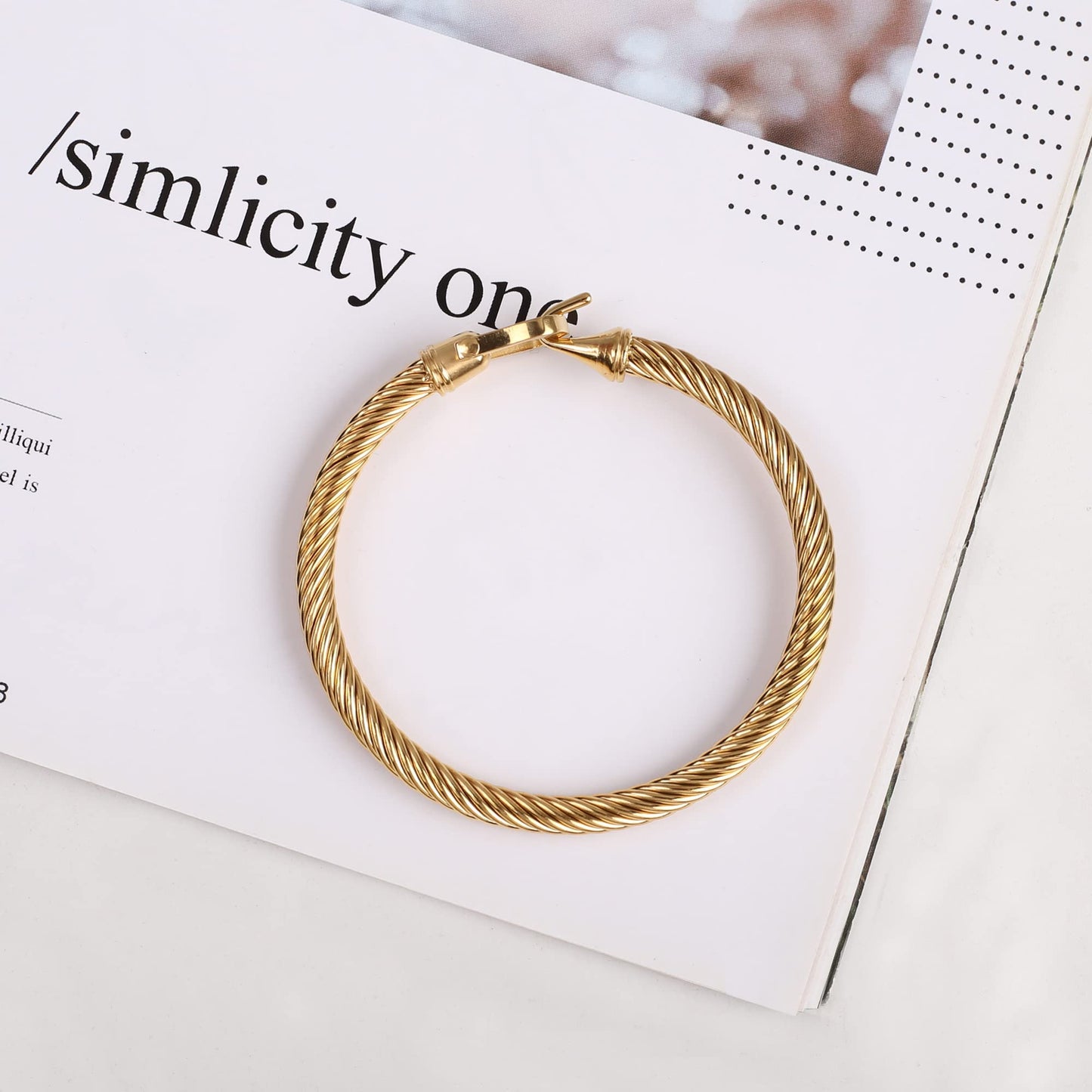 HX SHARE Twisted Cable Bracelet Stylish Fine Stainless Steel Cable Cuff Bracelet with Hook Clasp Bracelets Jewelry for Women 18K Gold （7.6"）