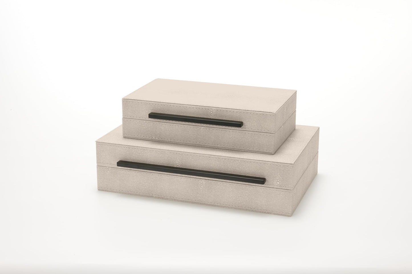 Sagala Set of 2 Ivory Shagreen Decorative Boxes With Black Metal Handles, Faux Leather Jewelry Boxes Modern Storage Boxes Photo Boxes Memory Boxes Home Organizer Box(Ivory)