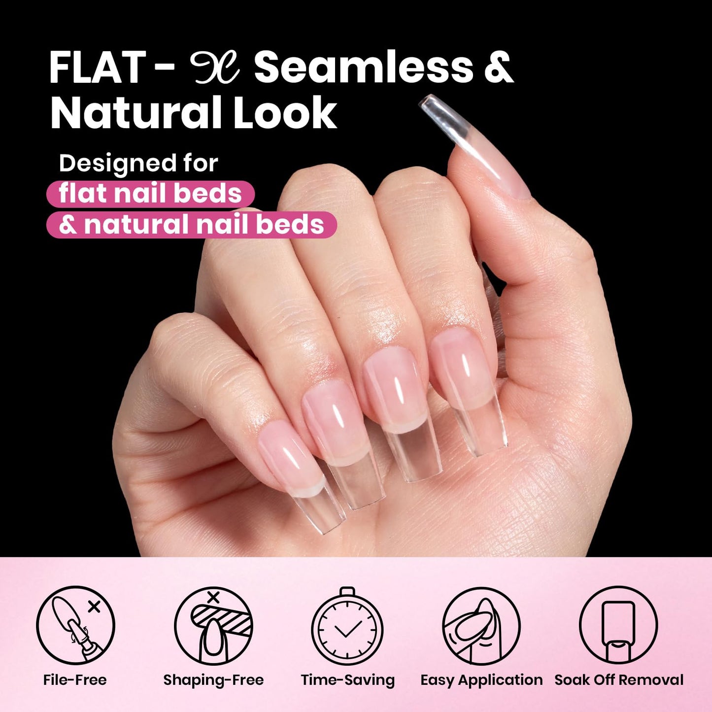 Beetles Gel Nail Tips Flat-X - Almond Coffin Medium, 320pcs 16 Sizes, Pre-Etched Half Matte Full Cover Soft Acrylic False Nail Tips Easy DIY Press on Nail Extension Salon for Flat & Natural Nail Beds