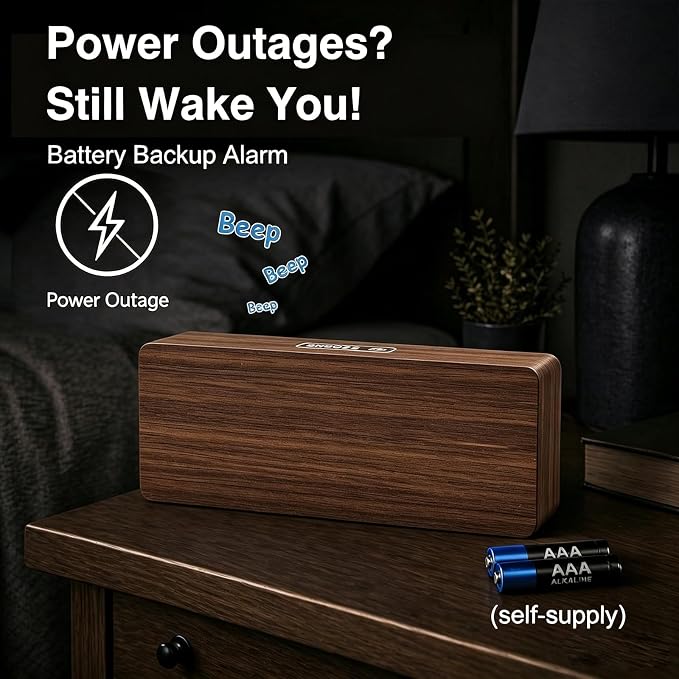 Peakeep Wooden Digital Alarm Clock Large Display, Textured Decoration